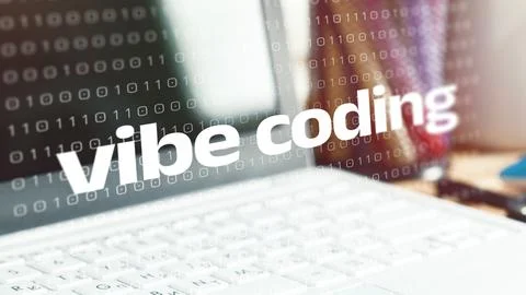 Vibe coding in a workspace with a computer and binary code on the screen Stock-Fotos