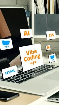 Vibe coding workspace with laptop showing programming elements like HTML and AI Stock Photos