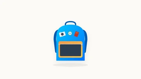 A vibrant 2D flat vector backpack in blue and orange gradients opens its zi.. Видео 346202387