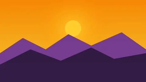 Vibrant 2D Sunrise Over Layered Mountain Silhouettes with Purple to Orange .. Stock Footage 346612137