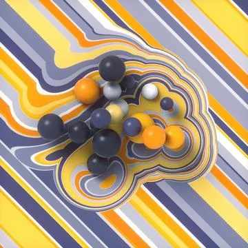 Vibrant 3D CGI Render with Yellow Stripes and Purple Spheres Stock Illustration