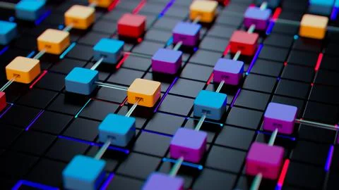 Vibrant 3D Cube Mosaic on Black Grid: An Intricate Colorful Pattern Illustrazione stock