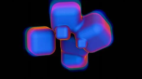 Vibrant 3D cubes with blue and purple neon glow on a black background.. Illustrazione stock