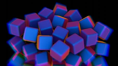 Vibrant 3D cubes with blue and purple neon glow on a black background.. Illustrazione stock