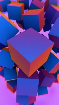 Vibrant 3D cubes with blue and purple neon glow on a black background.. Illustrazione stock