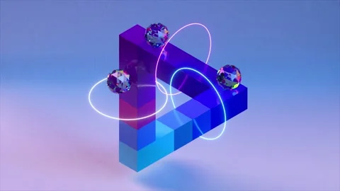 A vibrant 3D geometric structure with glowing orbs, neon rings, and an optical Stock Footage 285183069