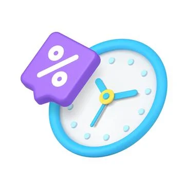 Vibrant 3D icon features a clock with blue hands and a purple percent symbol, Stock Illustration