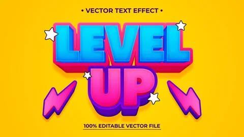 Vibrant 3D "Level Up" Text Effect with Stars and Lightning on Yellow Backgr.. Stock Illustration