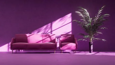 Vibrant 3d render on abstract purple interrior with funitureand plant under t Stock Illustration