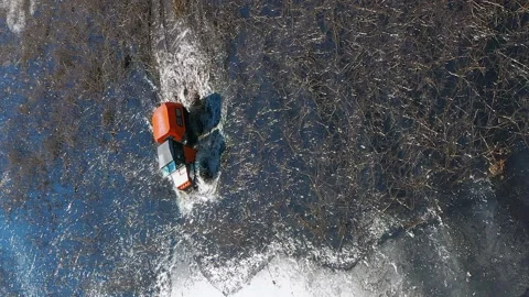 Vibrant 4x4 ATV forges a path through aquatic reeds in a waterlogged swamp Stock Footage 263079081