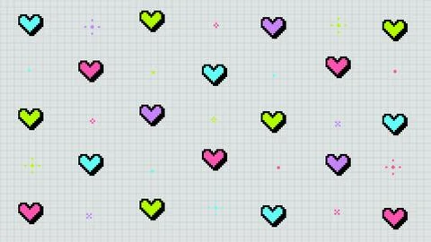 Vibrant 8bit Heart and Sparkle Pattern White Grid Stock Illustration