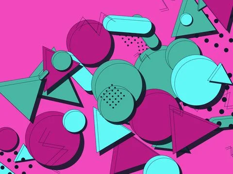 Vibrant Abstract 90s Memphis Style Geometric Background with Pink Circles a.. Stock Illustration