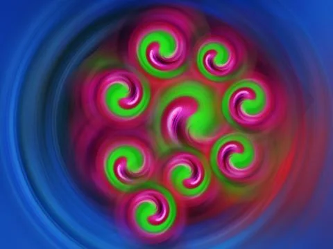 Vibrant abstract artwork with concentric pink and green spiral swirls spinn.. イラスト素材