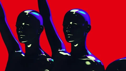A vibrant, abstract artwork featuring shiny black mannequins with raised arms  Stock Footage 289523532