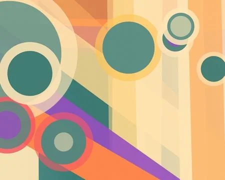 A vibrant abstract composition of overlapping circles, diagonal bands, and .. Stock Illustration