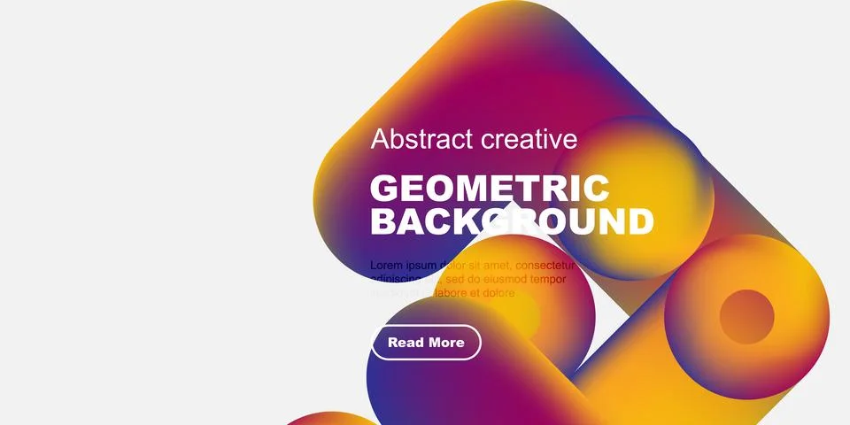 Vibrant abstract design features flowing shapes, bold text, plus button. Modern Stock Illustration