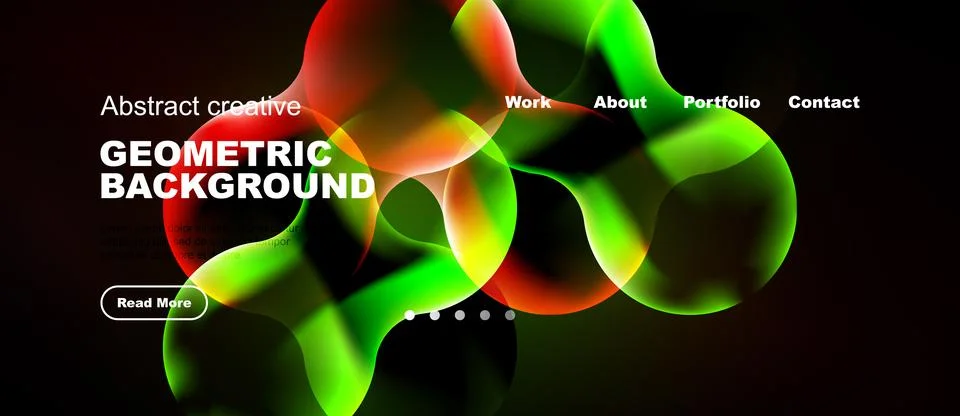Vibrant abstract design features flowing shapes, bold text, navigation menu. Illustrazione stock