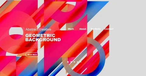 Vibrant abstract design features geometric shapes, bold colors, text overlays. Illustrazione stock