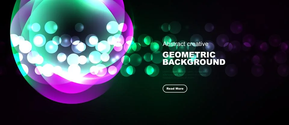 Vibrant abstract design features glowing orbs, gradients, dark backdrop. Mode Illustrazione stock