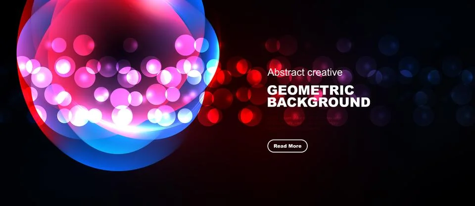 Vibrant abstract design features glowing orbs, blue, red hues. Dark backgroun Stock Illustration
