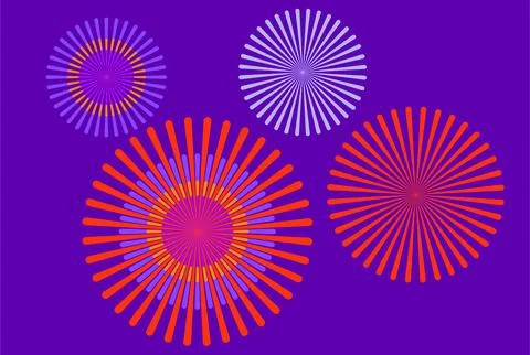 Vibrant abstract firework-style bursts in purple, orange and red create a r.. Illustrazione stock