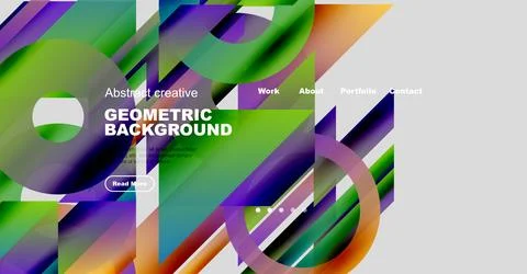 Vibrant abstract geometric design. Website header features colorful shapes, text Stock Illustration