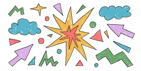 Vibrant abstract geometric elements crayon drawn set. Arrow, clouds and star 스톡 일러스트