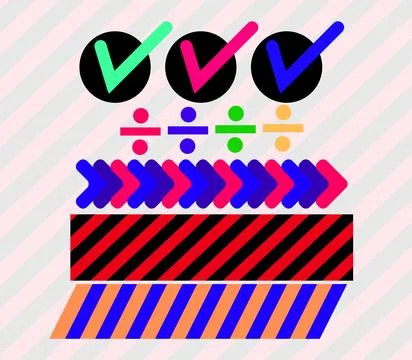 Vibrant Abstract Graphic With Check Marks, Arrows and Striped Patterns Repr.. Stockillustratie