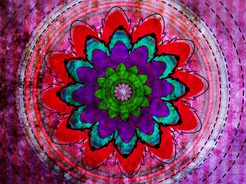 Vibrant Abstract Mandala Flower With Psychedelic Colors, Grunge Texture and.. Stock Illustration