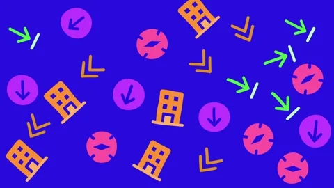 Vibrant Abstract Pattern with Building and Arrow Icons on Blue Background Stock Footage 344909949