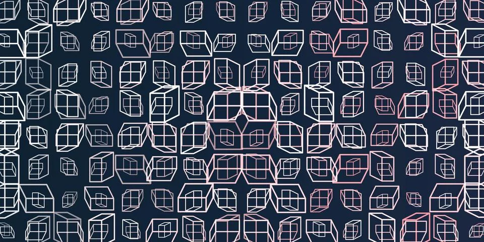 A vibrant abstract pattern of layers of repeating 3D cubes in purple, grey .. Illustrazione stock