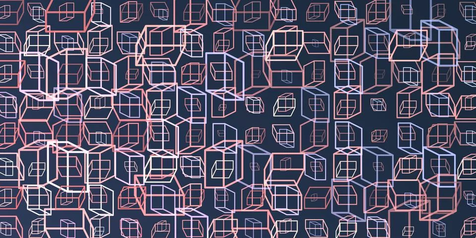 A vibrant abstract pattern of layers of repeating 3D cubes in purple, grey .. Stock Illustration