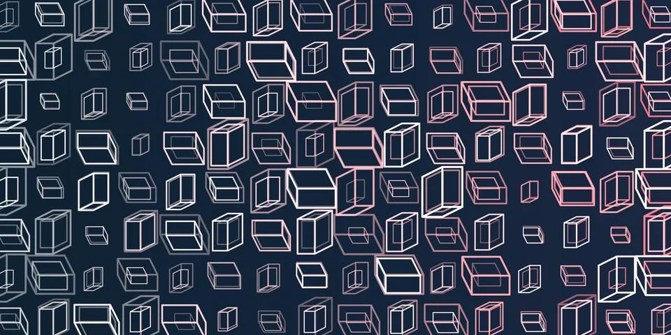 A vibrant abstract pattern of layers of repeating 3D cubes in purple, grey .. Stock Illustration