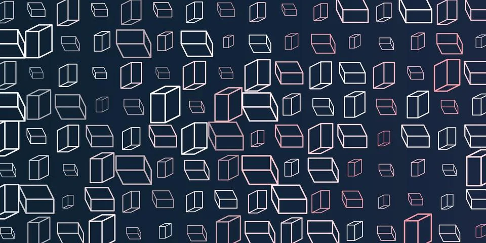 A vibrant abstract pattern of layers of repeating 3D cubes in purple, grey .. Stockillustratie