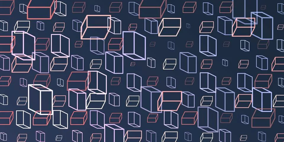 A vibrant abstract pattern of layers of repeating 3D cubes in purple, grey .. Stock Illustration