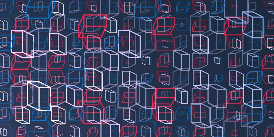 A vibrant abstract pattern of layers of repeating 3D cubes in purple, grey .. Stock Illustration