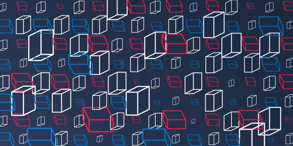 A vibrant abstract pattern of layers of repeating 3D cubes in purple, grey .. Stock Illustration