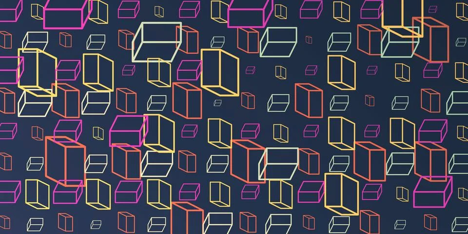 A vibrant abstract pattern of repeating 3D cubes in red, purple, brown and .. Stock Illustration