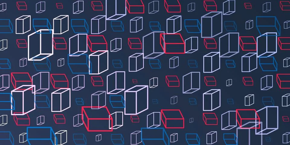 A vibrant abstract pattern of repeating 3D cubes in red, blue and white on .. Stock Illustration