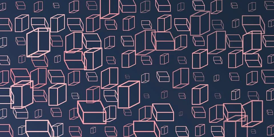 A vibrant abstract pattern of repeating 3D cubes in pink and purple on a da.. Stock Illustration