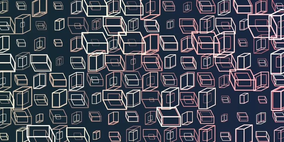 A vibrant abstract pattern of repeating 3D cubes in grey, white, pink and p.. Stockillustratie