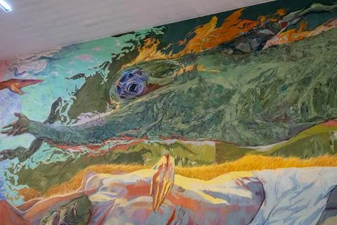 Vibrant abstract religious mural inside Calvary Parish, Guadalajara, Mexico Stock Photos