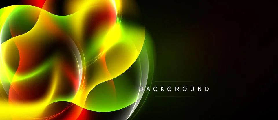 Vibrant abstract shapes blend, creating dynamic colorful flow. Dark backgroun Stock Illustration