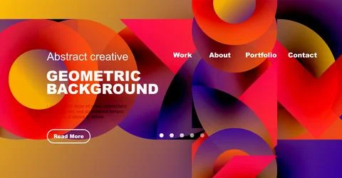Vibrant abstract shapes create dynamic website header. Text overlays promote Illustrazione stock
