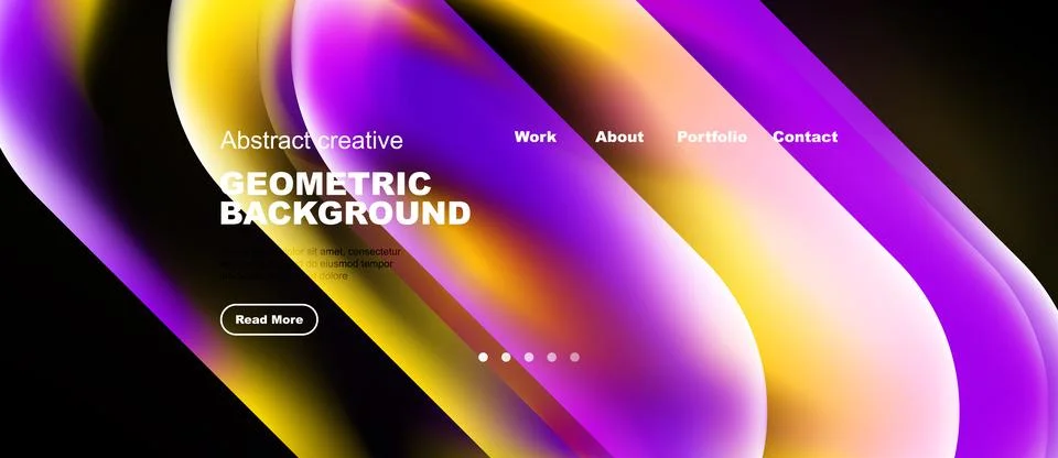 Vibrant abstract shapes create dynamic background. Website header includes Stock Illustration