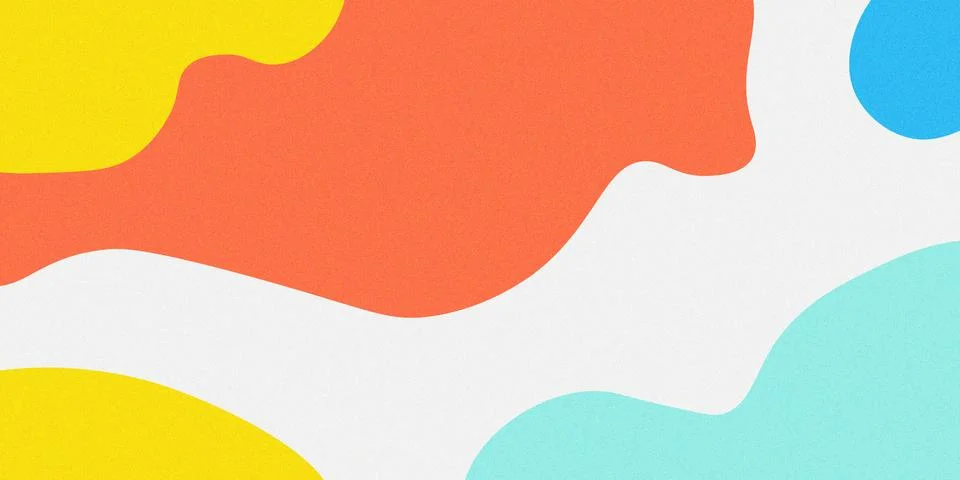 Vibrant abstract shapes float across a textured white background. Bold yell.. Stock Illustration