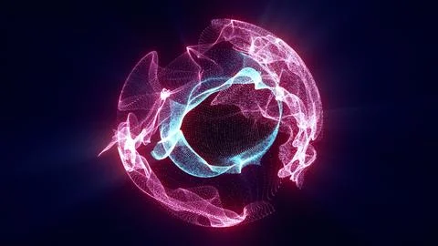 Vibrant abstract sphere formed by pink and cyan particles and flowing energ.. Illustrazione stock
