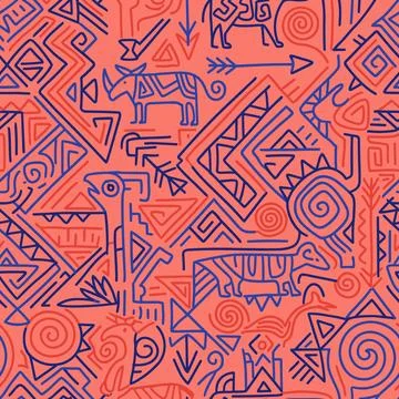 Vibrant Abstract Tribal Pattern with Geometric Shapes and Animal Motifs. Stock Illustration
