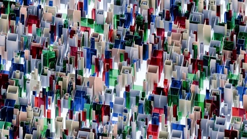 A vibrant, abstract view showing countless interconnected buildings in various c Stock Footage 340238138