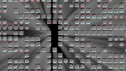 Vibrant anaglyph pattern with red blue circles on gray background Stock Illustration